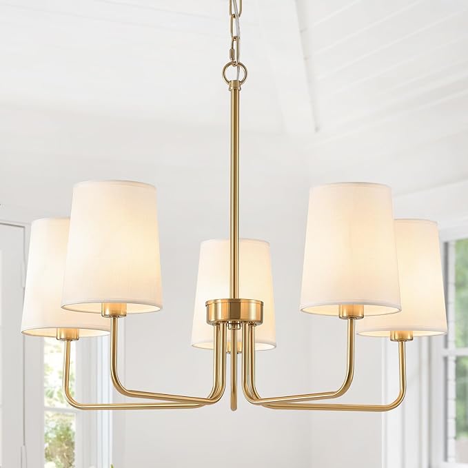 Wrought Iron Style Antique Brass Gold Chandelier with Shades, Electroplated Finish, 5 Light Modern Farmhouse
