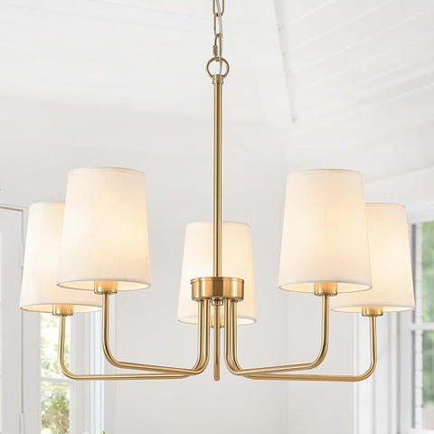 Wrought Iron Style Antique Brass Gold Chandelier with Shades, Electroplated Finish, 5 Light Modern Farmhouse