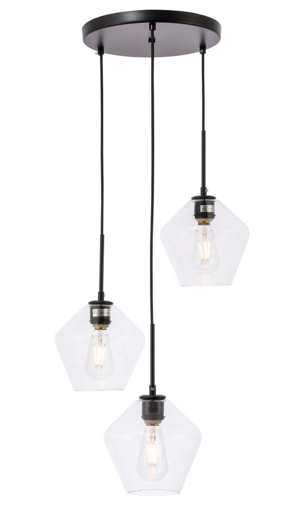 ZC121-LD2258BK - Living District: Gene 3 light Black and Clear glass pendant