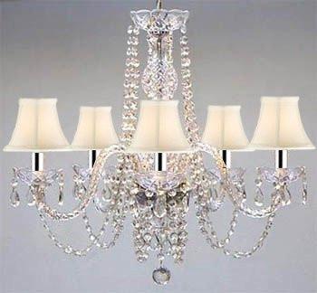 Swarovski Crystal Trimmed Chandelier! Authentic All Crystal Chandelier And White Shades w/Chrome Sleeves! H25" W24" - A46-B43/WHITESHADES/384/5SW