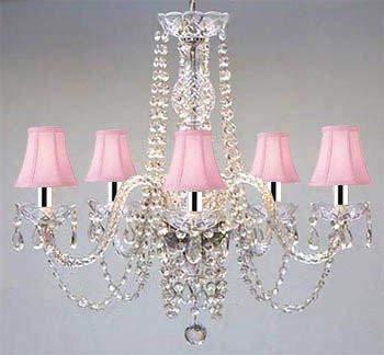 Swarovski Crystal Trimmed Chandelier! Chandelier & Pink Shades w/Chrome Sleeves H25" X W24" - GO-B43/A46-PINKSHADES/384/5SW