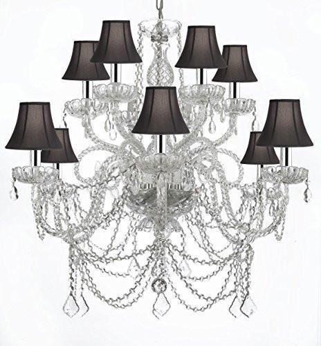 MURANO VENETIAN STYLE ALL-CRYSTAL CHANDELIER WITH BLACK SHADES W/CHROME SLEEVES! - A46-B43/BLACKSHADES/SILVER/4/385/6+6