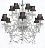 MURANO VENETIAN STYLE ALL-CRYSTAL CHANDELIER WITH BLACK SHADES W/CHROME SLEEVES! - A46-B43/BLACKSHADES/SILVER/4/385/6+6