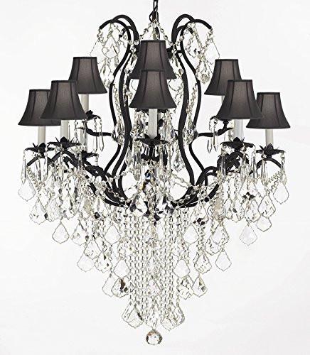 Wrought Iron Empress Crystal (Tm) Chandelier Lighting H40" X W28" With Black Shades - F83-Sc/Blackshades/B12/3034/8+4