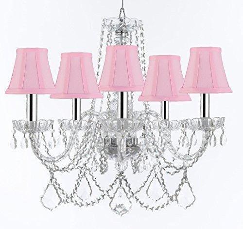 Swarovski Crystal Trimmed Murano Venetian Style Chandelier Crystal Lights Fixture Pendant Ceiling Lamp for Dining Room, Living Room w/Large, Luxe Crystals w/Chrome Sleeves! H25" X W24" w/Pink Shades - A46-B43/PINKSHADES/B94/B89/384/5SW