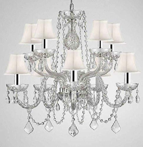 Swarovski Crystal Trimmed Chandelier w/Chrome Sleeves! Crystal Chandelier Chandeliers Lighting with White Shades H 25" X W 24" - G46-B43/WHITESHADES/CS/1122/5+5 SW