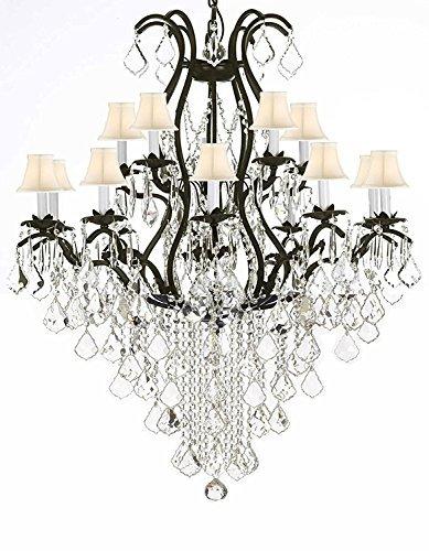 Swarovski Wrought Iron Chandelier Crystal Chandeliers Lighting Crystal H50" X W36" With White Shades! Great for Dining room, Entryway / Foyer, or Living room! - A83-SC/WHITESHADE/B12/3034/10+5SW