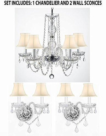 Three Piece Lighting Set - New Authentic All Crystal Murano Venetian Style Empress Crystal Chandelier And 2 Wall Sconces With White Shades - 1Ea Sc/384/5 + 2Ea 2/386Whiteshades