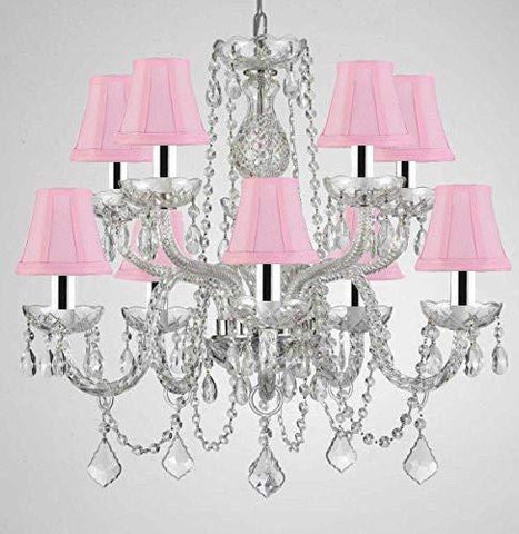 Swarovski Crystal Trimmed Chandelier! Crystal Chandelier Chandeliers Lighting with Pink Shades W/Chrome Sleeves H 25" X W 24" - G46-B43/PINKSHADES/CS/1122/5+5 SW