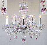 Swarovski Crystal Trimmed Chandelier! Chandelier Lighting With Pink Crystal Hearts H25" X W24" Swag Plug In-Chandelier W/14' Feet Of Hanging Chain And Wire w/Chrome Sleeves! - A46-B43/B15/HEARTS/387/5/PINK SW