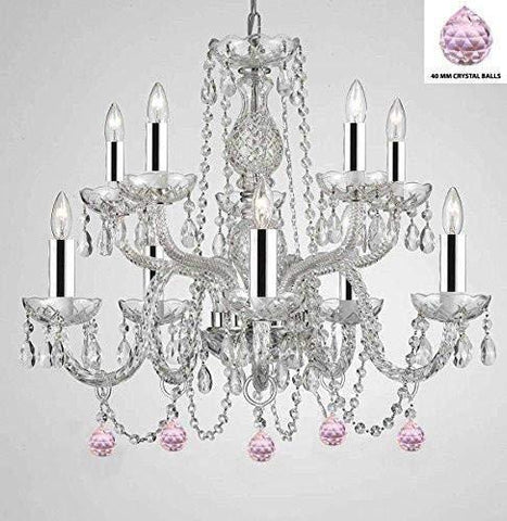 Empress Crystal (Tm) Chandelier Chandeliers Lighting with Pink Color Crystal Balls w/Chrome Sleeves! Swag Plug in-Chandelier W/ 14' Feet of Hanging Chain and Wire! - G46-B43/B15/B76/1122/5+5