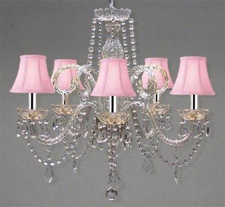 Swarovski Crystal Trimmed Chandelier! Crystal Chandelier And Pink Shades w/Chrome Sleeves! H25" X W24" - A46-B43/PINKSHADES/385/5SW