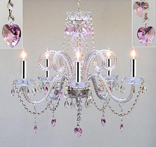 Swarovski Crystal Trimmed Chandelier! Chandelier Lighting with Crystal Pink Hearts w/Chrome Sleeves! H25 X W24 - Perfect for Kids' and Girls Bedrooms! - GO-A46-B43/HEARTS/387/5/PINK SW