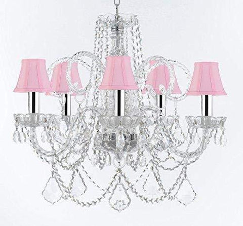 Murano Venetian Style Chandelier Crystal Lights Fixture Pendant Ceiling Lamp for Dining Room, Living Room with Large, Luxe, Diamond Cut Crystals w/Chrome Sleeves! H25" X W24" w/Pink Shades - A46-B43/CS/PINKSHADES/B94/B89/385/5DC