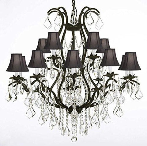 Swarovski Crystal Trimmed Chandelier Wrought Iron Chandelier Crystal Chandeliers Lighting H36" X W36" With Shades - A83-Blackshades/3034/10+5 Sw