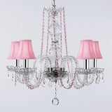 CRYSTAL CHANDELIER CHANDELIERS LIGHTING WITH PINK COLOR CRYSTAL AND SHADES W/CHROME SLEEVES! - A46-B43/PINKB1/PINKSHADES/384/5