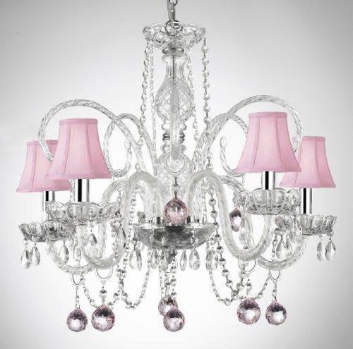 CRYSTAL CHANDELIER CHANDELIERS LIGHTING WITH PINK SHADES AND PINK CRYSTAL BALLS W/CHROME SLEEVES! - A46-B43/SC/B3/385/5 - PINK BALLS&SHADES