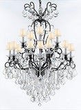 Swarovski Crystal Trimmed Wrought Iron Crystal Chandelier Lighting W38" H60" - Good for Entryway, Foyer, Living Room, Ballrooms, Catering Halls, Event Halls! w/ White Shades - F83-WHITESHADES/B12/556/16SW