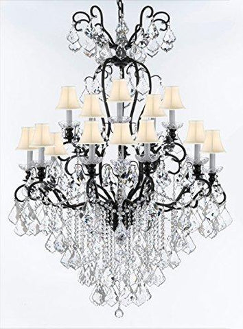 Swarovski Crystal Trimmed Wrought Iron Crystal Chandelier Lighting W38" H60" - Good for Entryway, Foyer, Living Room, Ballrooms, Catering Halls, Event Halls! w/ White Shades - F83-WHITESHADES/B12/556/16SW