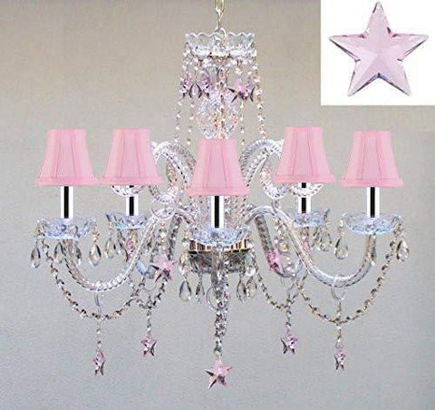 Swarovski Crystal Trimmed Chandelier! Crystal Chandelier Lighting with Pink Crystal Stars w/Chrome Sleeves H25" X W24" - Nursery, Kids, Girls Bedrooms, Kitchen, Etc! - GO-B43/A46-PINKSHADES/B38/387/5/PINK SW