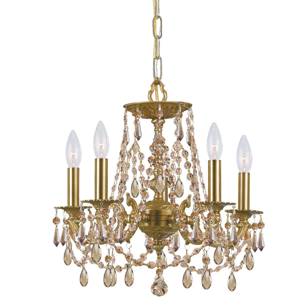 5 Light Aged Brass Traditional Mini Chandelier Draped In Golden Teak Hand Cut Crystal - C193-5545-AG-GT-MWP