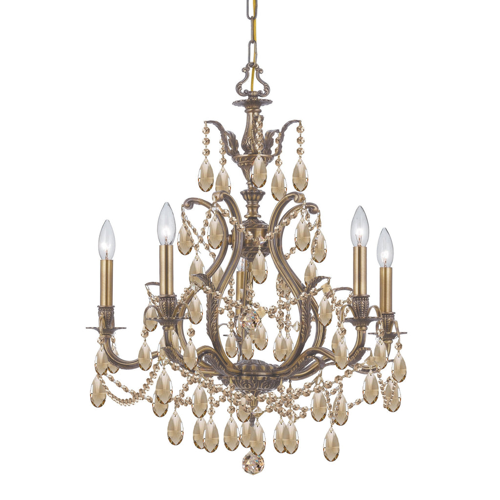 5 Light Antique Brass Crystal Chandelier Draped In Golden Teak Hand Cut Crystal - C193-5575-AB-GT-MWP