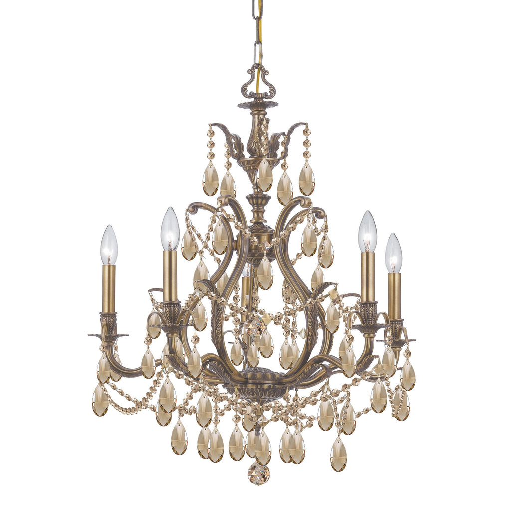 5 Light Antique Brass Crystal Chandelier Draped In Golden Teak Swarovski Crystal - C193-5575-AB-GTS