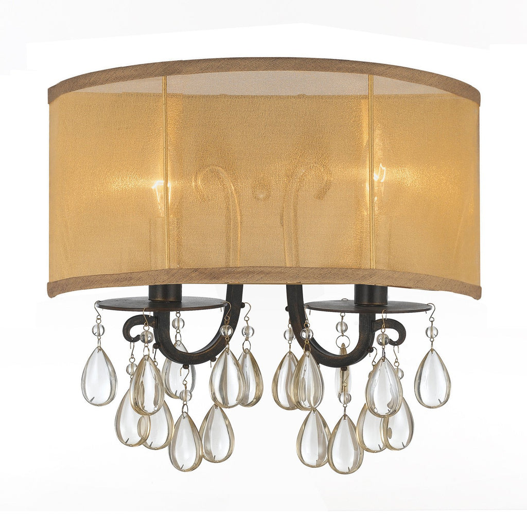 2 Light English Bronze Transitional Sconce Draped In Etruscan Smooth Teardrop Almond Crystal - C193-5622-EB