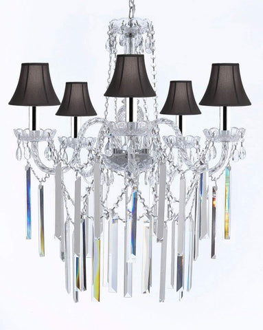 Authentic All Empress Crystal (tm) Chandelier Chandeliers Lighting Optical-quality Fringe Prisms With Black Shades w/Chrome Sleeves! H30" X W24" - G46-B43/B40/SC/Blackshades/3/384/5