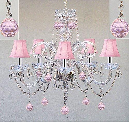 Chandelier Lighting W/Crystal Pink Shades & Balls! W/Chrome Sleeves! H25 x W24 - Perfect for Kid's and Girls Bedroom! - GO-A46-B43/PINKSHADES/387/5/PINKBALLS