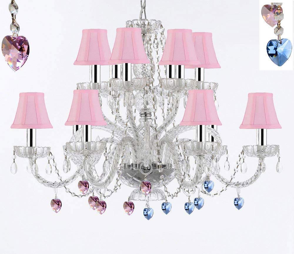 Murano Venetian Style All Empress Crystal (Tm) Chandelier! Blue and Pink Crystals with Shades w/Chrome Sleeves! - A46-B43/B85/B21/SC/Pinkshades/385/6+6