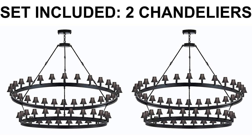 Set of 2 - Wrought Iron Vintage Barn Metal Castile Two Tier Chandelier Industrial Loft Rustic Lighting W 63" H 60" w/Black Shades Great for The Living Room, Dining Room, Foyer and Entryway, Family Room, and More -  2EA G7-BLACKSHADES/3428/54