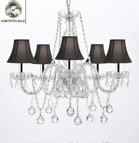 Authentic All Crystal Chandeliers Lighting Empress Crystal (TM) Chandeliers with Crystal Balls and Black Shades W/Chrome Sleeves! H27" X W24" - G46-B43/BLACKSHADES/B37/384/5