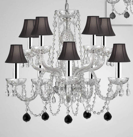 Chandelier Lighting Crystal Chandeliers H25" X W24" 10 Lights - Dressed w/Jet Black Crystal Balls! Great for Dining Room, Foyer, Bedroom, Kitchen! w/Black Shades & w/Chrome Sleeves - G46-B43/B95/BLACKSHADES/CS/1122/5+5