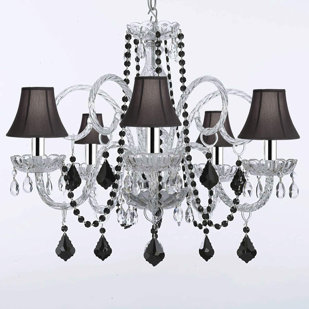 CHANDELIER LIGHTING EMPRESS CRYSTAL(TM) WITH BLACK COLOR CRYSTAL AND SHADES W/CHROME SLEEVES! - A46-B43/BLACKB2/BLACKSHADES/385/5