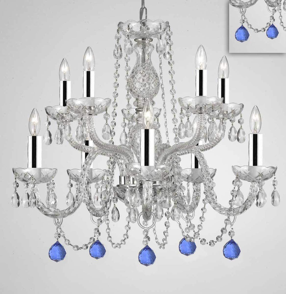 Chandelier Lighting Crystal Chandeliers H25" X W24" 10 Lights w/Chrome Sleeves - Dressed w/Blue Crystal Balls! Great for Dining Room, Foyer, Entry Way, Living Room, Bedroom, Kitchen! - G46-B43/B99/CS/1122/5+5