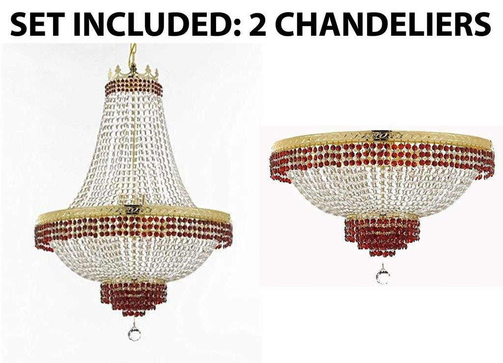 Set of 2-1 Moroccan Style French Empire Crystal Chandelier Lighting Trimmed w/Ruby Red Crystal! H30" X W24" & 1 Flush French Empire Crystal Chandelier Lighting Trimmed w/Ruby Red Crystal! H18" X W24 - B74/CG/870/9 + B74/CG/FLUSH/870/9