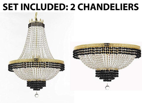 Set of 2-1 French Empire Crystal Chandelier Lighting Trimmed w/Jet Black Crystal! H30" X W24" and 1 Flush French Empire Crystal Chandelier Trimmed with Jet Black Crystal! H18" X W24" - B79/CG/870/9 + B79/CG/FLUSH/870/9