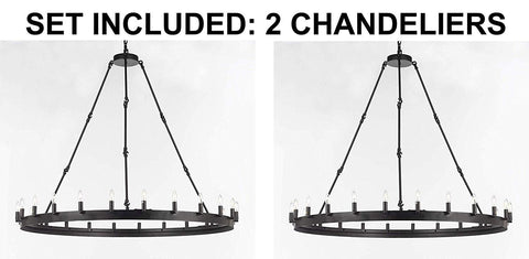 Set of 2 - Wrought Iron Vintage Barn Metal Castile One Tier Chandelier Chandeliers Industrial Loft Rustic Lighting W 50" H 48" - 2EA G7-3428/24