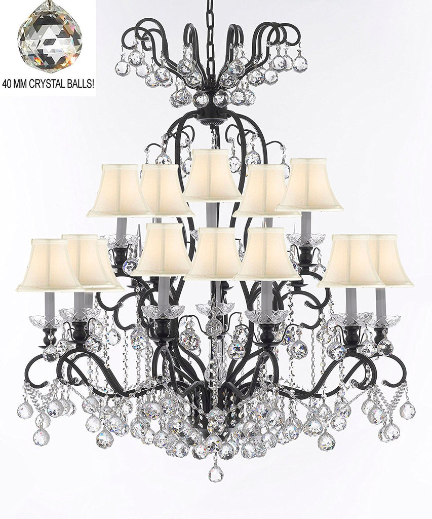 Swarovski Crystal Trimmed Chandelier Wrought Iron Crystal Chandelier Lighting Dressed with Crystal Balls W38" H44" - Great for the Dining Room, Foyer, Entry Way, Living Room w/White Shades - F83-B6/WHITESHADES/556/16SW