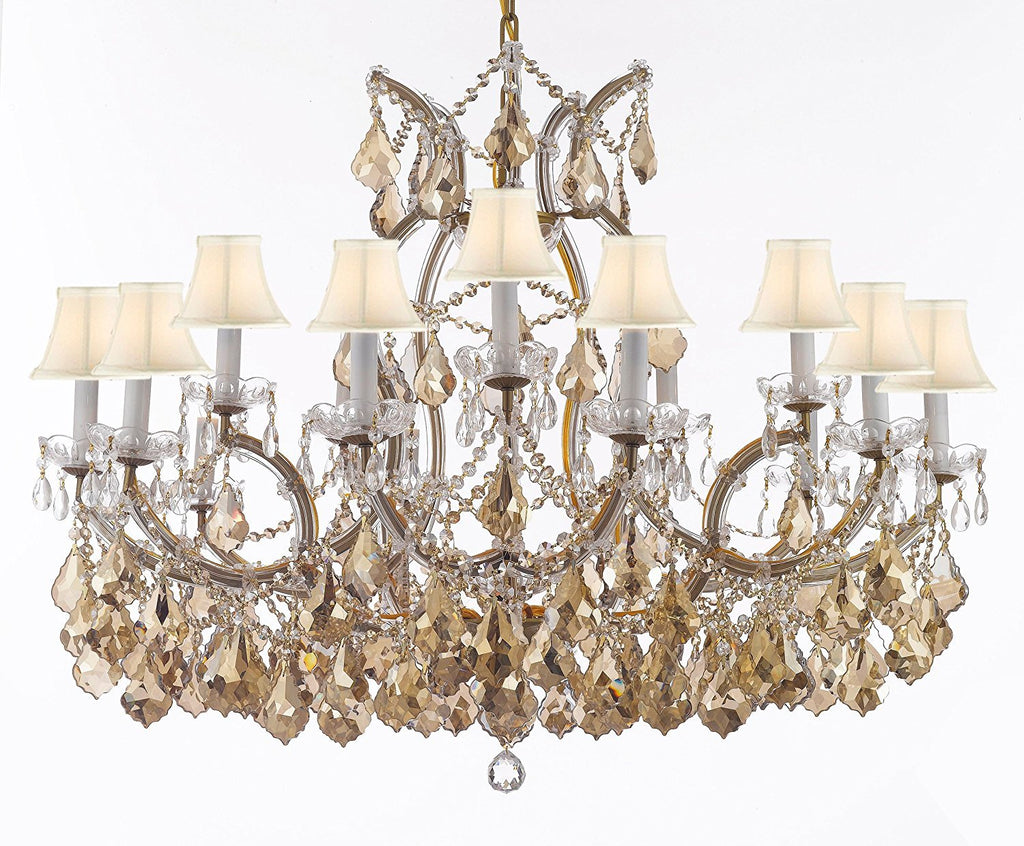 Maria Theresa Chandelier Crystal Lighting H28" X W37" W/ Golden Teak Crystal Good For Dining Room Entryway Living Room W/White Shades - A83-B2/B62Goldenteak/Cg21510/15+1Whtshd