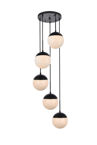 ZC121-LD6074BK - Living District: Eclipse 5 Lights Black Pendant With Frosted White Glass