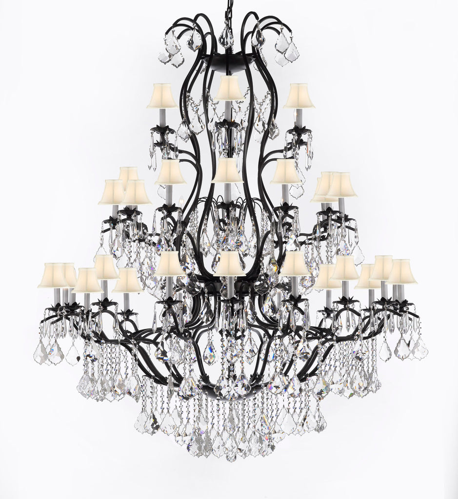 Large Foyer / Entryway Wrought Iron Chandelier Lighting With Crystal And White Shades H60" X W52" - A83-Sc/Whiteshade3031/36+1